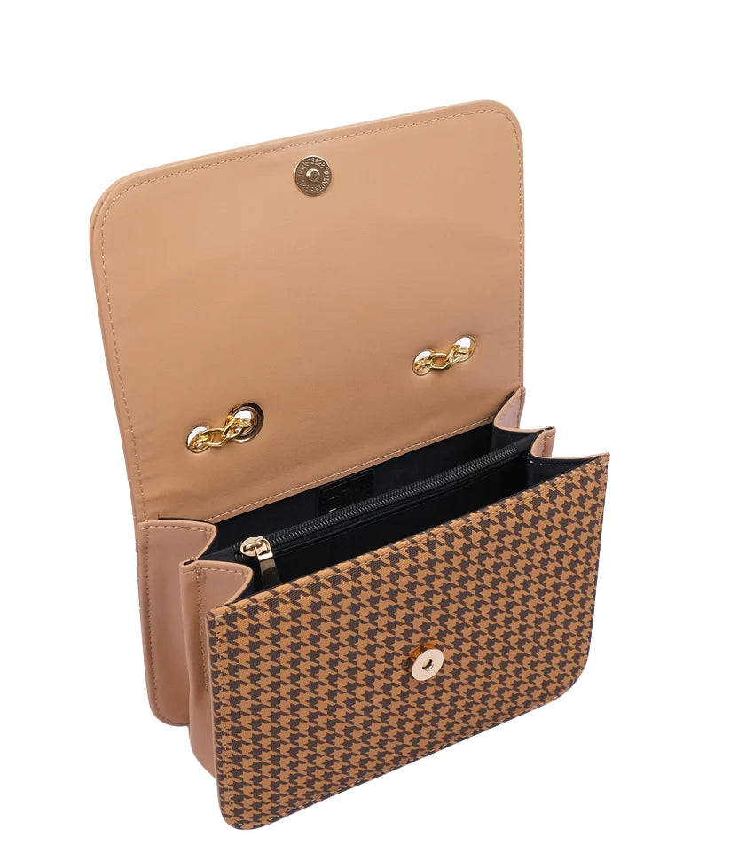Beige houndstooth chain cross-body bag