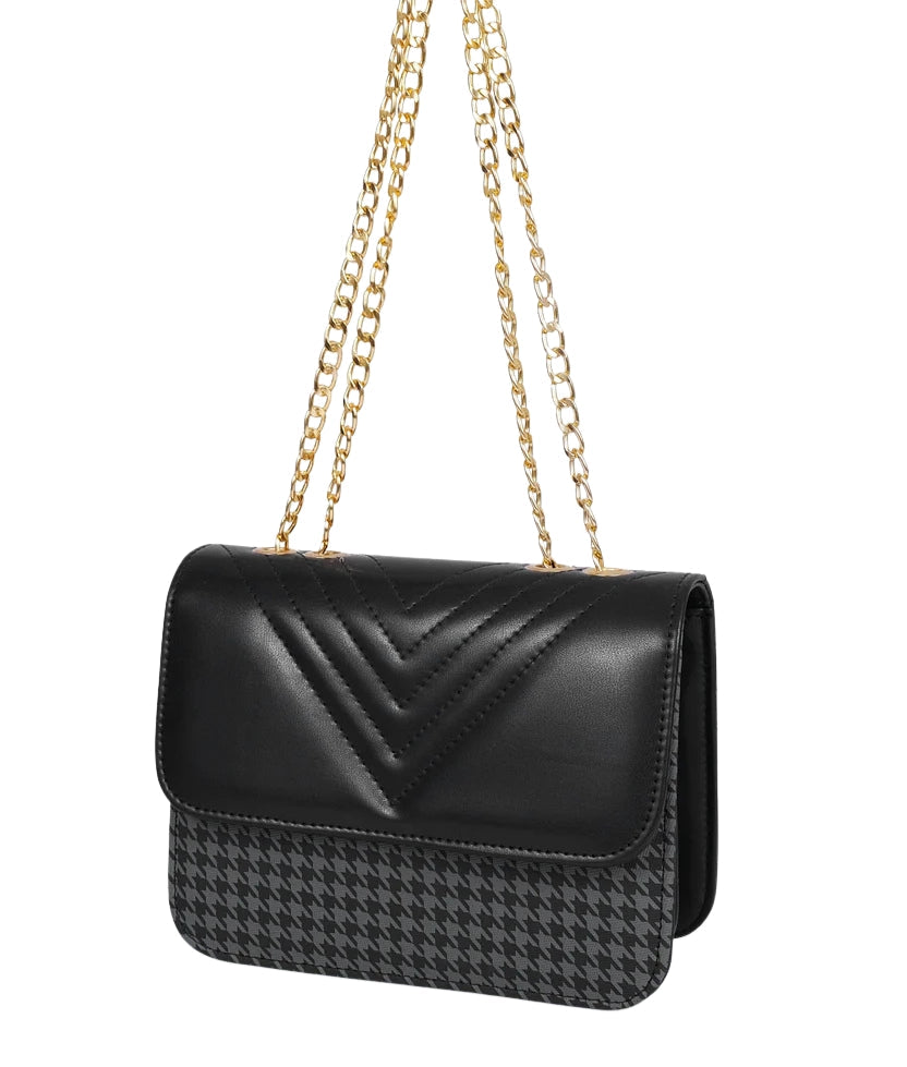 Grey houndstooth chain cross-body bag