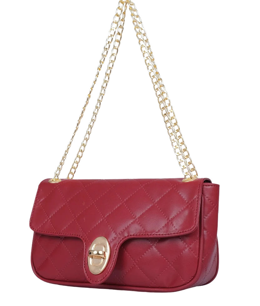 Maroon quilted small shoulder bag with chain