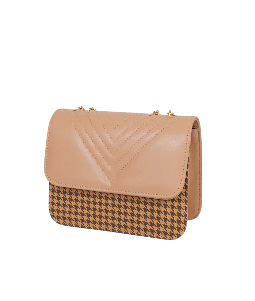 Beige houndstooth chain cross-body bag