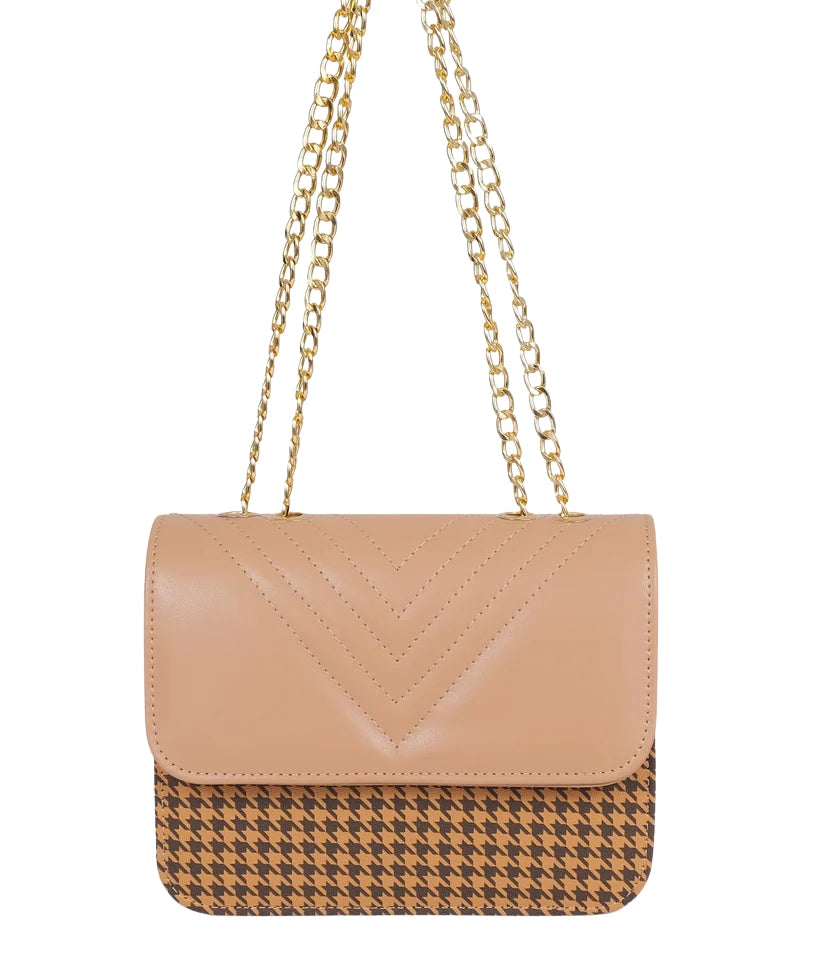Beige houndstooth chain cross-body bag