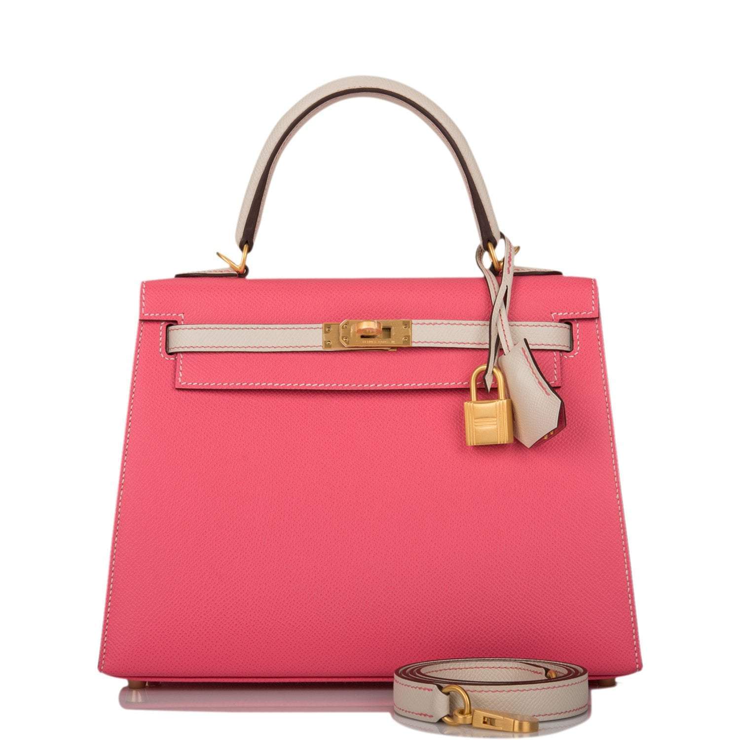 Hermes Kelly 25cm Bi-Color Rose Azalee and Craie Epsom Sellier Brushed Gold Hardware