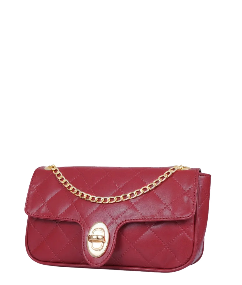 Maroon quilted small shoulder bag with chain