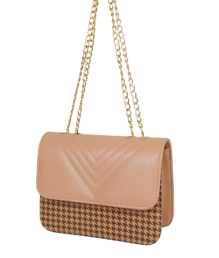 Marella Beige houndstooth chain cross-body bag