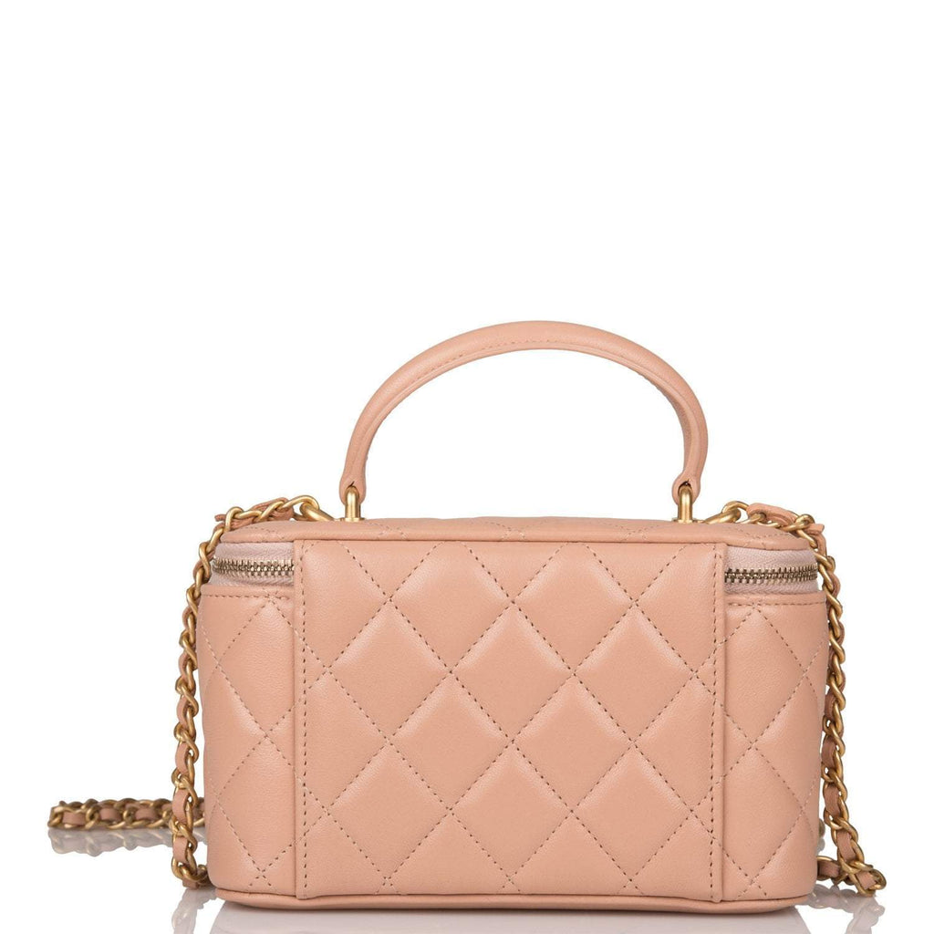 Chanel Beige Quilted Lambskin Small Top Handle Vanity Bag Antique Gold Hardware