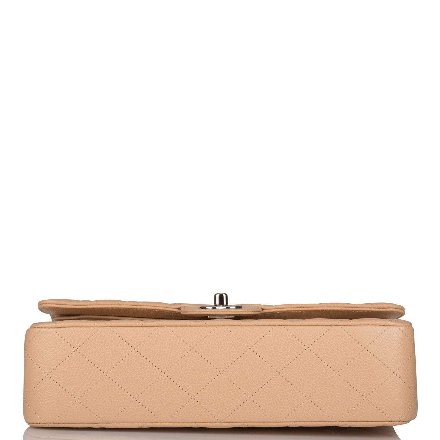 Chanel Medium Classic Double Flap Bag Beige Quilted Caviar Silver Hardware