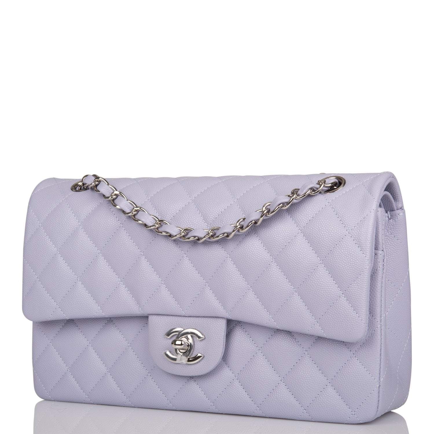 Chanel Medium Classic Double Flap Bag Lavender Quilted Caviar Silver Hardware