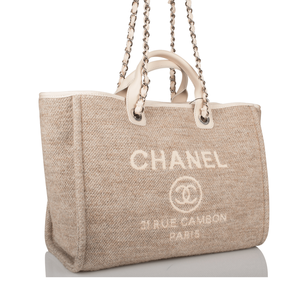 Chanel Beige Wool Large Deauville Shopping Bag Silver Hardware
