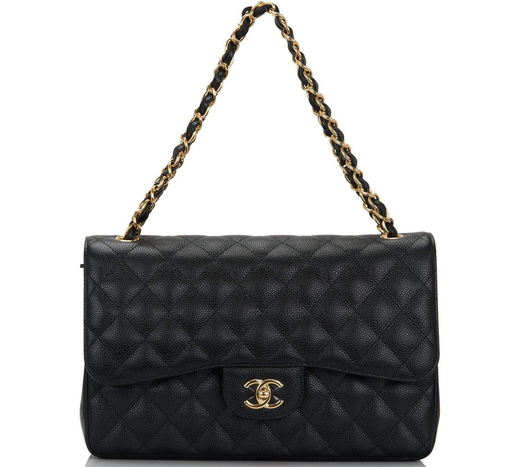 Chanel Black Quilted Caviar Jumbo Classic Double Flap Bag Gold Hardware