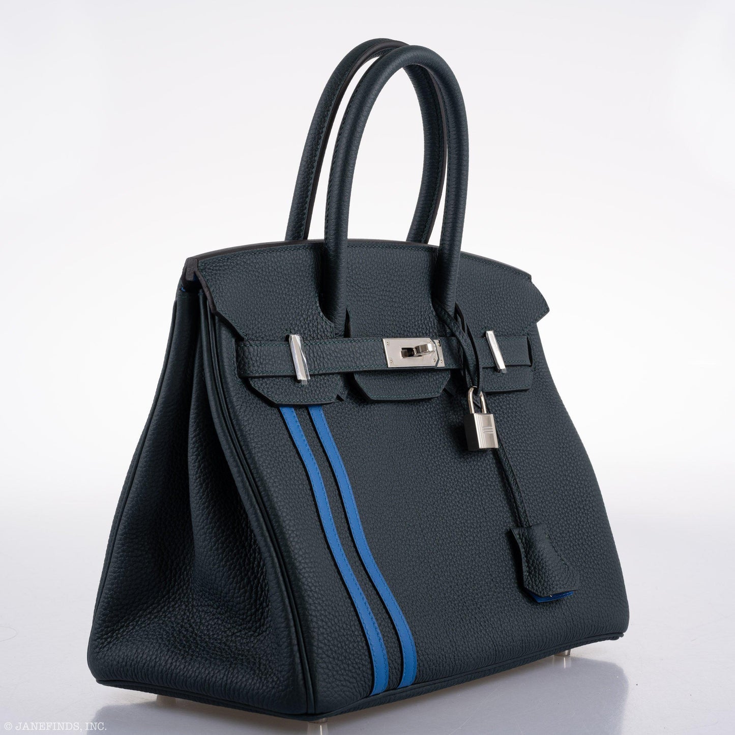 Hermes Birkin 30 Officier Vert Cyprès Togo & Bleu Zellige Stripe & Lining Palladium Hardware