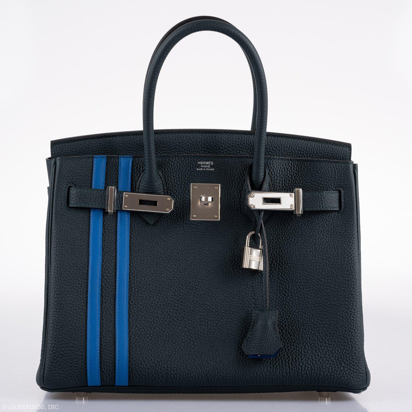 Hermes Birkin 30 Officier Vert Cyprès Togo & Bleu Zellige Stripe & Lining Palladium Hardware