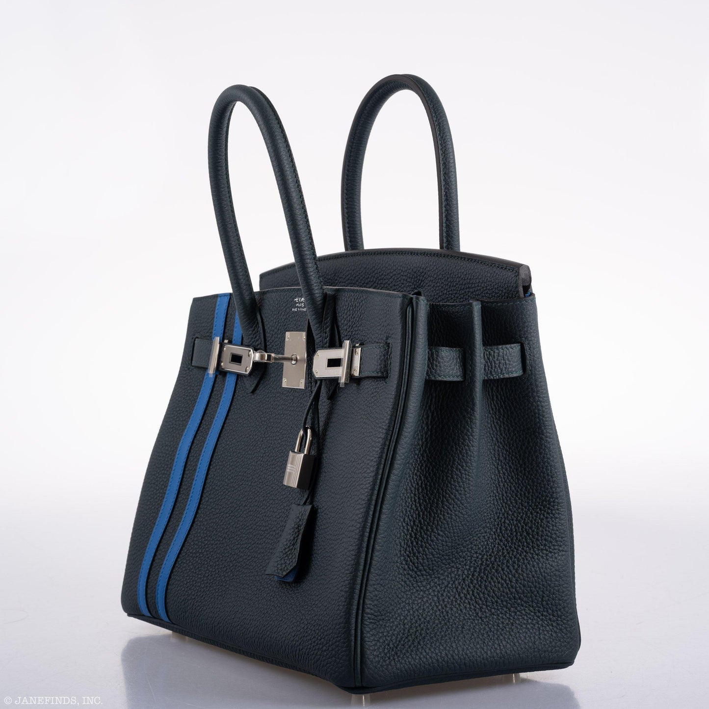 Hermes Birkin 30 Officier Vert Cyprès Togo & Bleu Zellige Stripe & Lining Palladium Hardware
