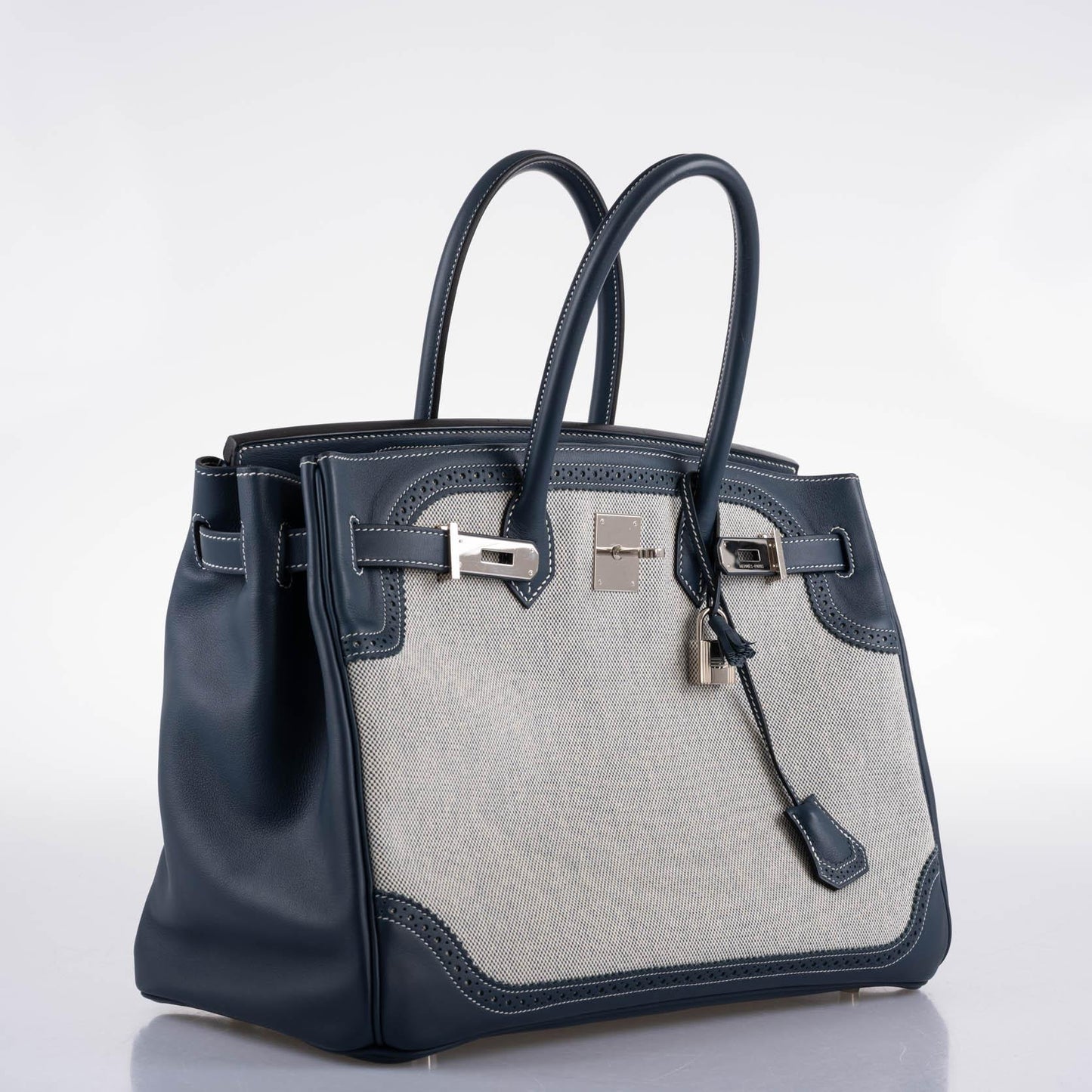 Hermes Ghillies Birkin 35 Blue de Prusse Swift & Toile with Palladium Hardware