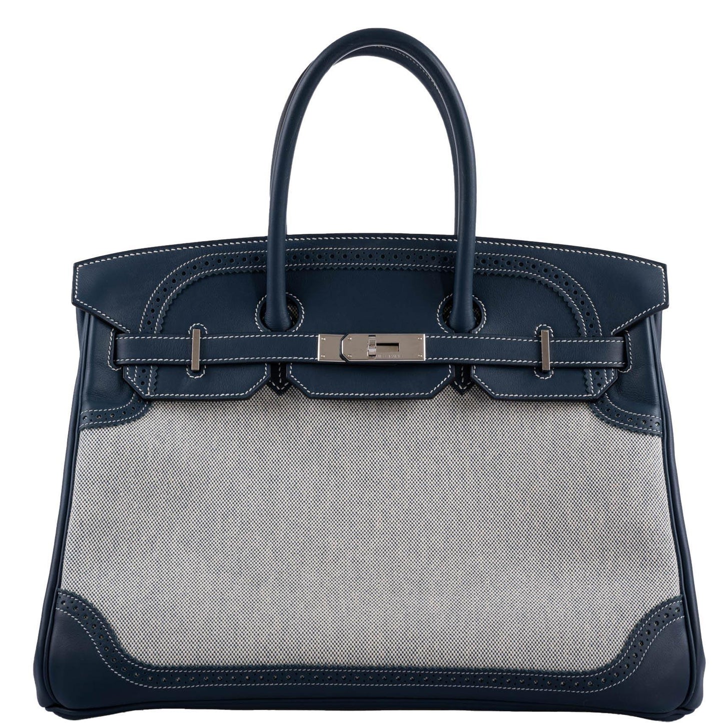 Hermes Ghillies Birkin 35 Blue de Prusse Swift & Toile with Palladium Hardware