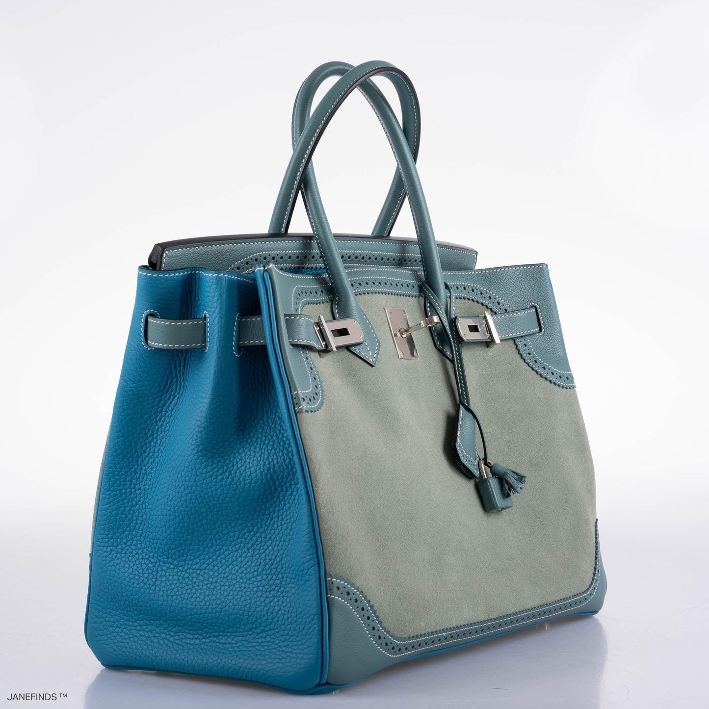 Hermes Ghillies Birkin 35 Ciel Doblis, Turquoise Togo & Blue Jean Swift with Palladium Hardware