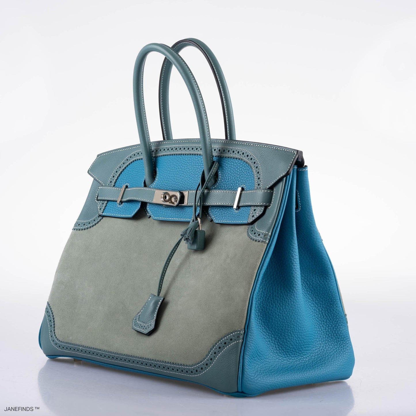 Hermes Ghillies Birkin 35 Ciel Doblis, Turquoise Togo & Blue Jean Swift with Palladium Hardware