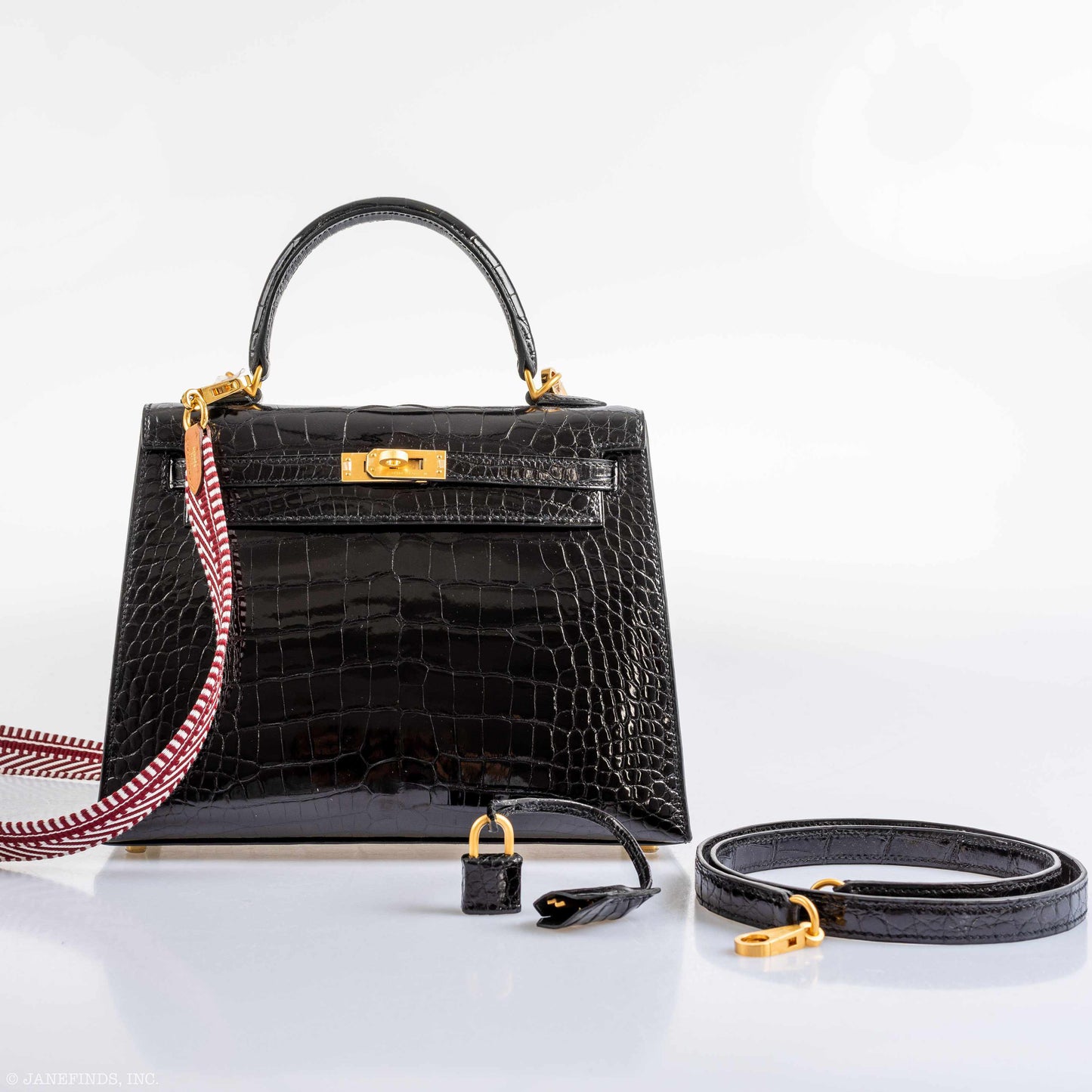 Hermes Kelly 25 HSS Sellier Black Shiny Alligator Brushed Gold Hardware