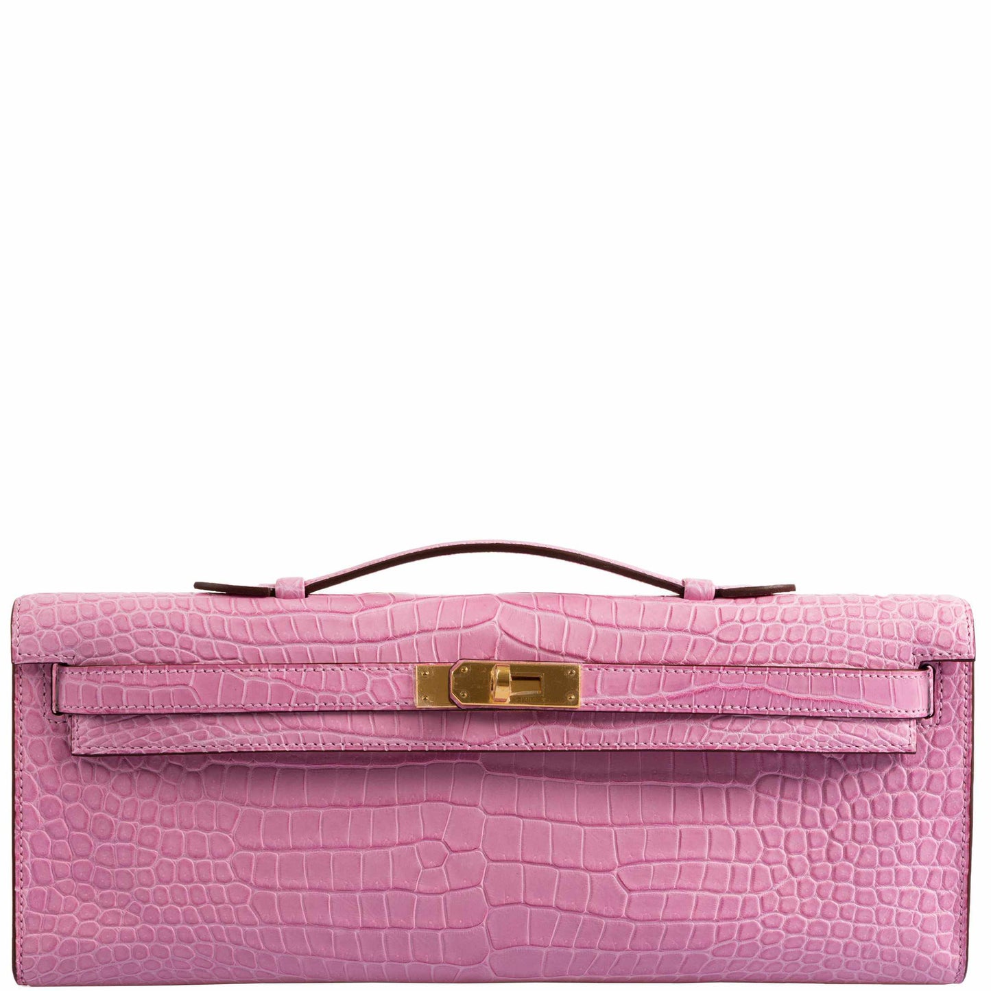 Hermes Kelly Cut Pochette 5P Bubblegum Pink Matte Porosus Crocodile Gold Hardware