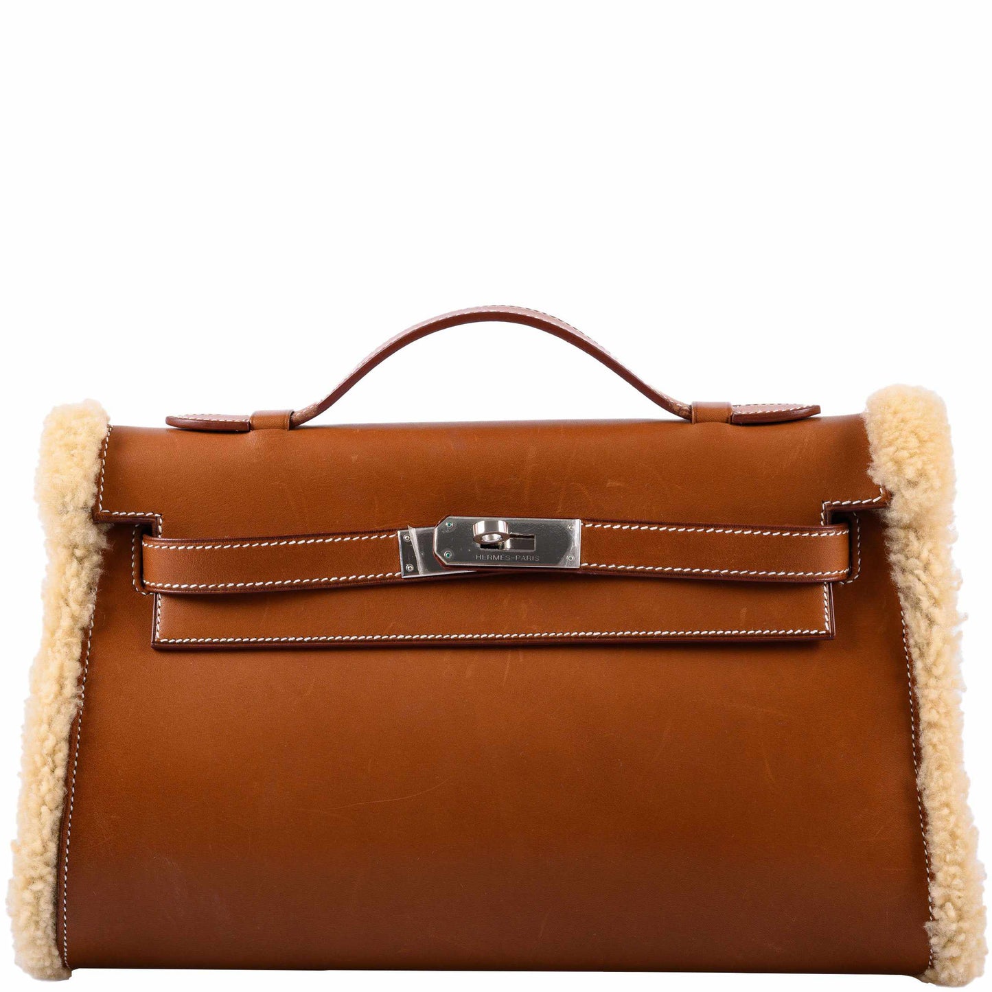 Hermes Teddy Kelly Clutch Barenia Leather & Mouton Shearling Palladium Hardware