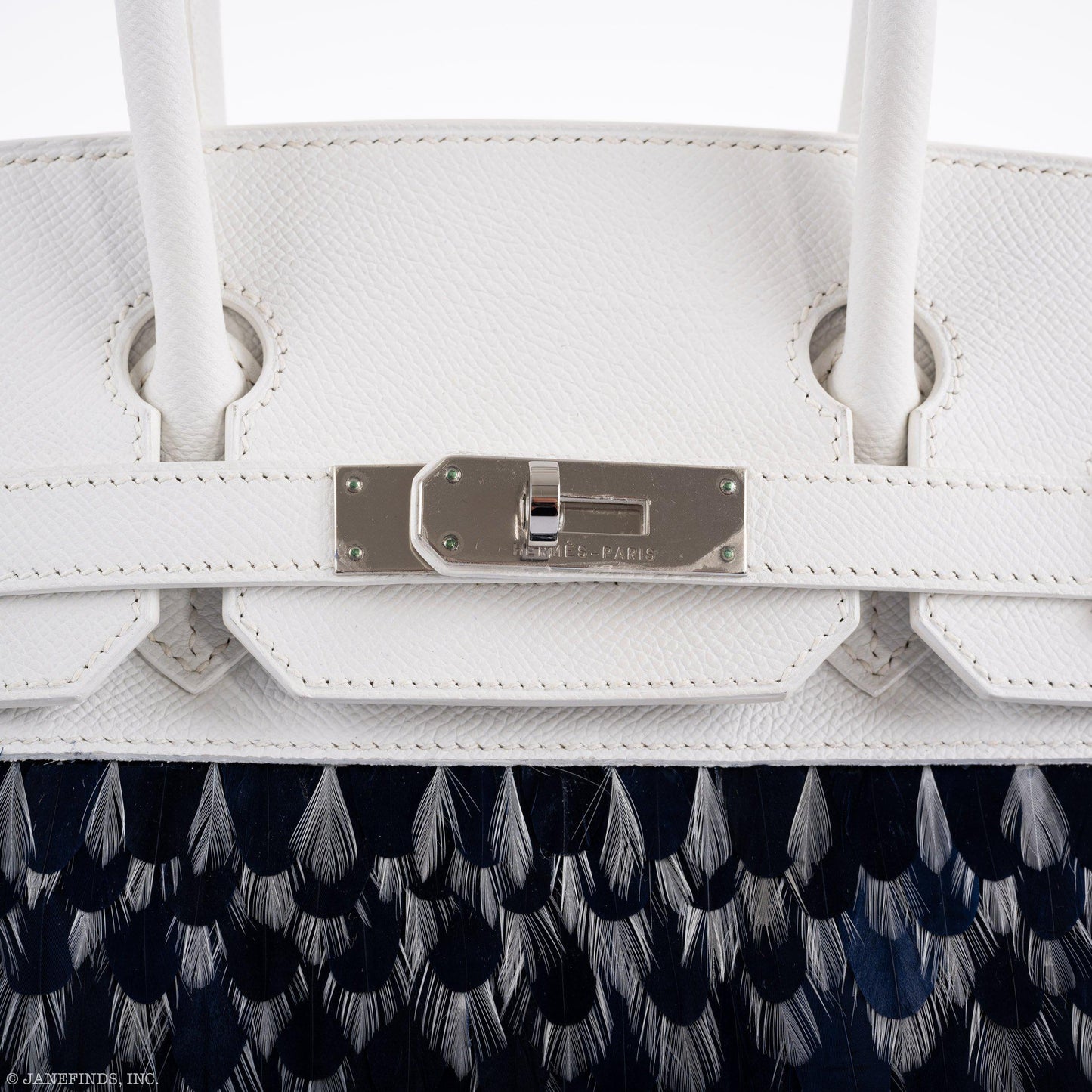 Vintage Hermes Birkin 30 White Epsom with Custom Feather Panel & Palladium Hardware