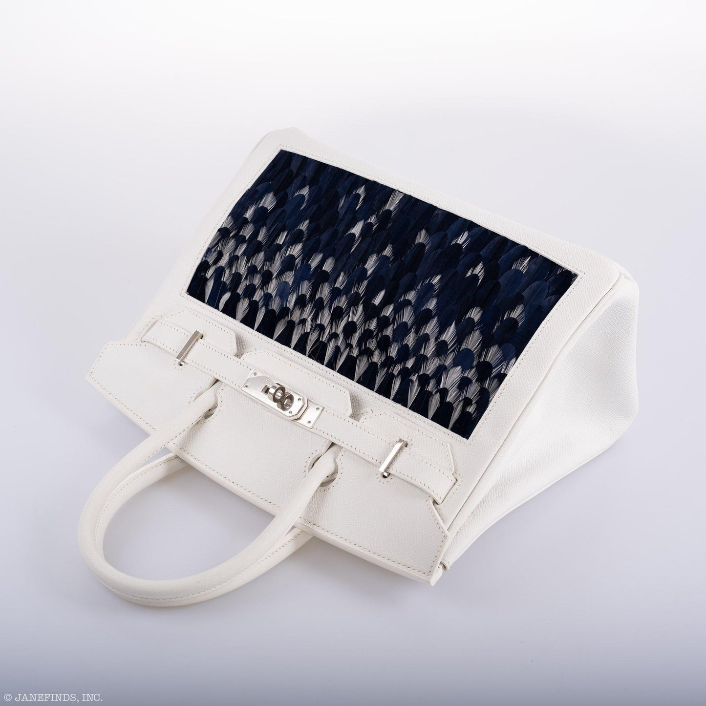 Vintage Hermes Birkin 30 White Epsom with Custom Feather Panel & Palladium Hardware