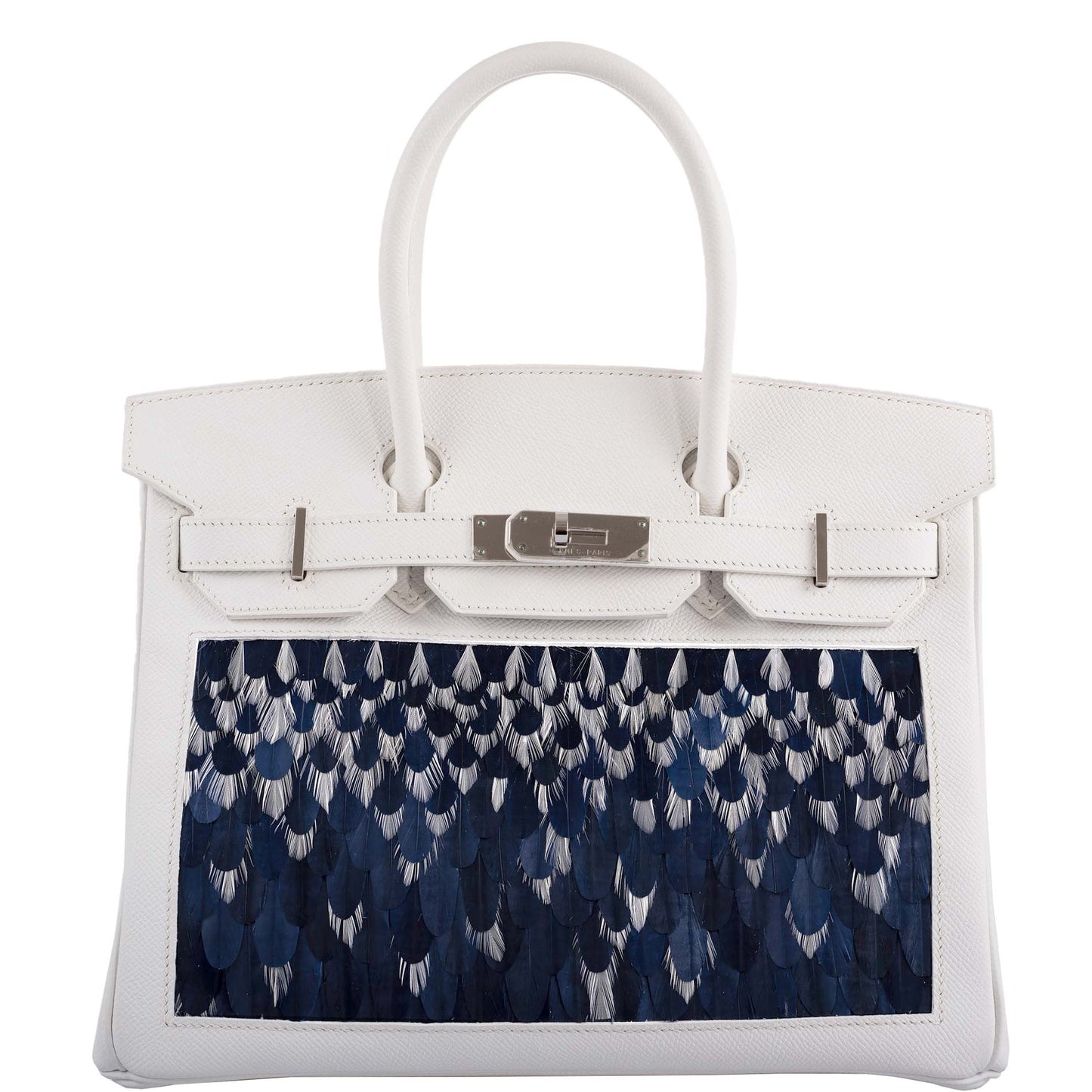 Vintage Hermes Birkin 30 White Epsom with Custom Feather Panel & Palladium Hardware