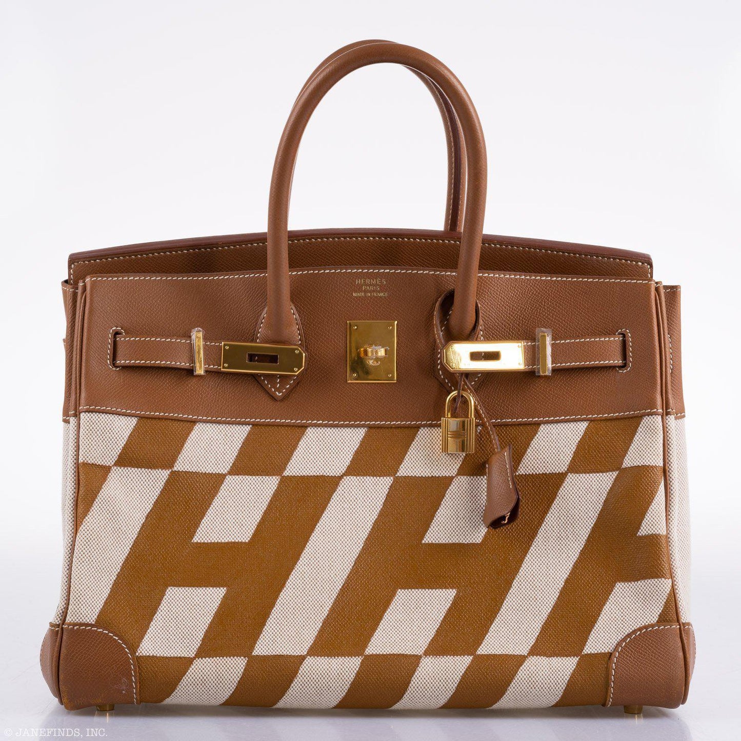 Vintage Hermes Birkin 35 Gold Courchevel with Painted Ulysses Toile Canvas & Gold Hardware