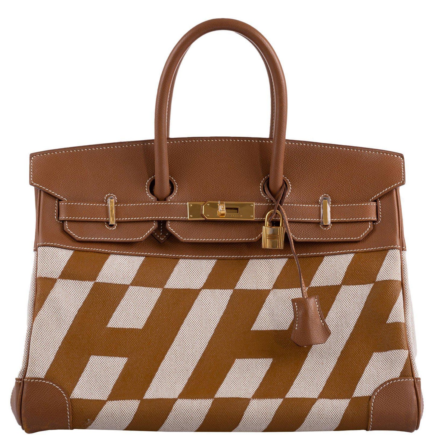 Vintage Hermes Birkin 35 Gold Courchevel with Painted Ulysses Toile Canvas & Gold Hardware